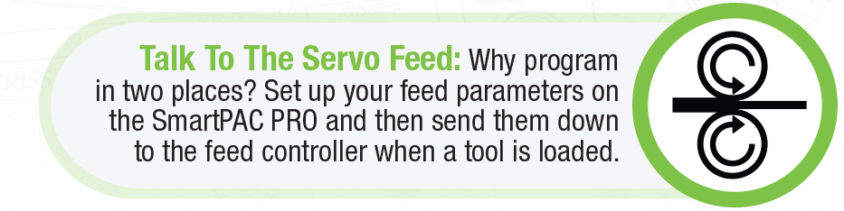 Why program in two places? Set up your feed parameters on the SmartPAC PRO and then send them down to the feed controller when a tool is loaded.