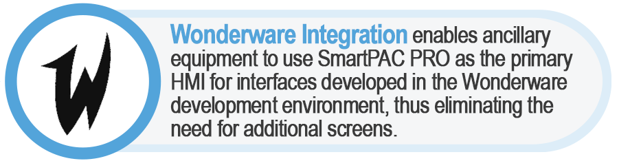 Wonderware integration enables ancillary equipment to use the SmartPAC PRO as the primary HMI for interfaces developed in the Wonderware environment, thus eliminating the need for additioan screens