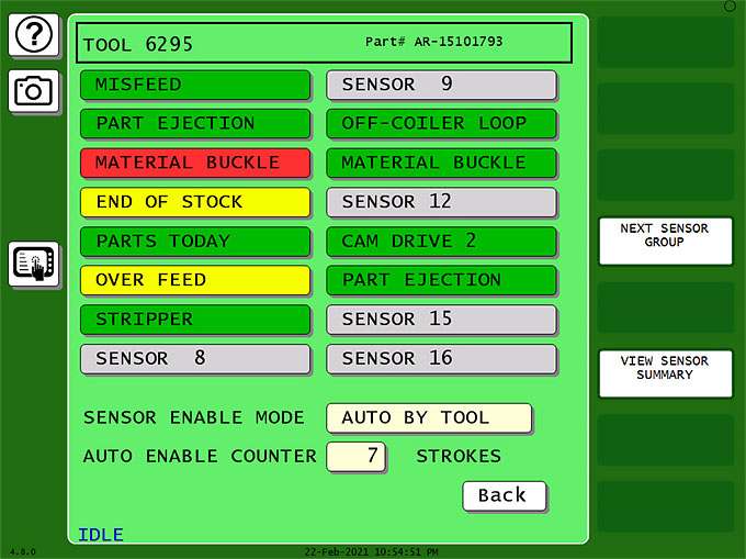 The Auto Enable By Tool Mode limits the number of cycles during which the sensors are disabled