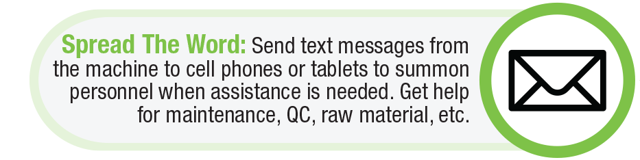 Send text messages from the machine to cell phones or tablets to summon personnel when assistance is needed. Get help for maintenance, QC, raw material, etc.